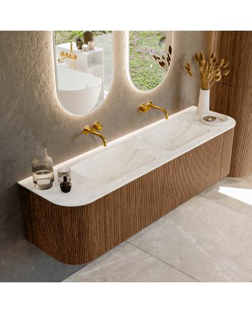 Mondiaz Kurve-Dlux 170cm badmeubel ronding Links + Rechts kleur Walnut met 1 lade en 2 deuren. Wastafel Leaf Dubbel zonder kraangat Ostra.