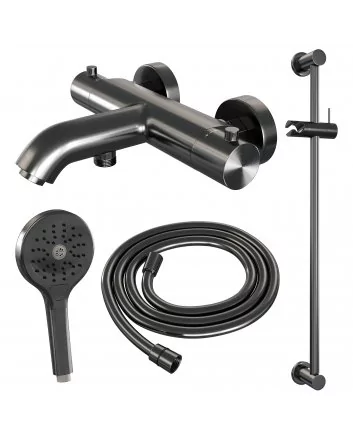 BRAUER Gunmetal Edition opbouw baddouche thermostaatkraan SET 02 met glijstang en 3-standen handdouche en doucheslang gunmetal geborsteld PVD