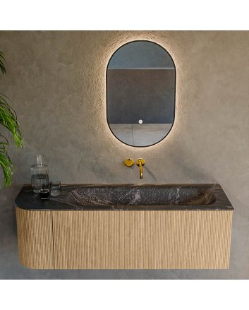 Mondiaz Kurve-Dlux 135cm badmeubel ronding Links kleur Oak met 1 lade en 1 deur. Wastafel Big medium Rechts zonder kraangat Lava.