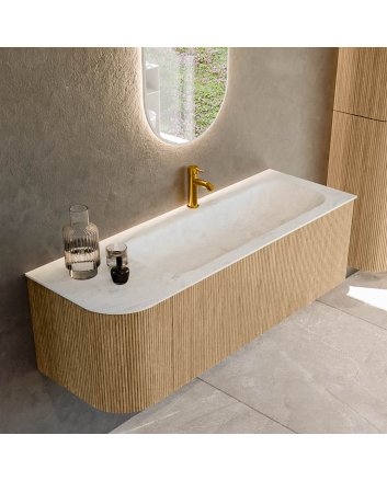 Mondiaz Kurve-Dlux 135cm badmeubel ronding Links kleur Oak met 1 lade en 1 deur. Wastafel Big medium Rechts 1 kraangat Opalo.