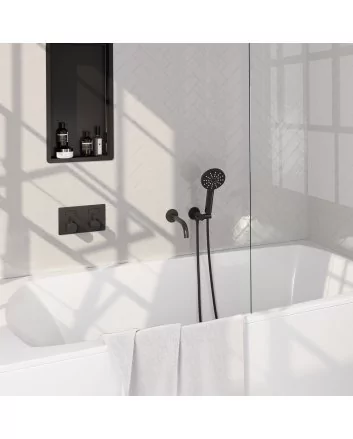 BRAUER Black Carving thermostatische inbouw badkraan met drukknoppen SET 04 met uitloop en 3-standen handdouche en doucheslang en wandaansluitbocht mat zwart