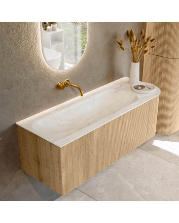 Mondiaz Kurve-Dlux 125cm badmeubel ronding Rechts kleur Oak met 1 lade en 1 deur. Wastafel Big medium Links zonder kraangat Ostra.