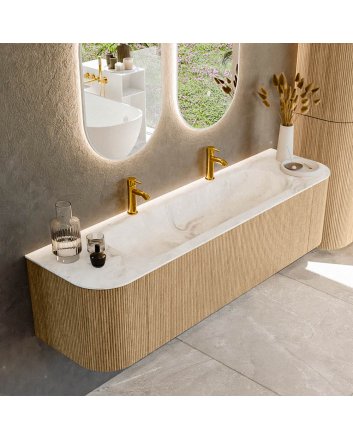 Mondiaz Kurve-Dlux 170cm badmeubel ronding Links + Rechts kleur Oak met 1 lade en 2 deuren. Wastafel Big large Midden 2 kraangaten Frappe.