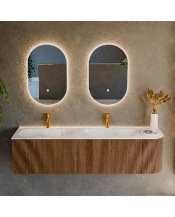Mondiaz Kurve-Dlux 165cm badmeubel ronding Rechts kleur Walnut met 2 lades en 1 deur. Wastafel Stor small Dubbel / Links 2 kraangaten Opalo.