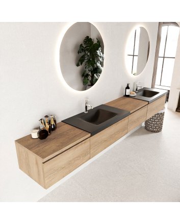 Mondiaz Bukla 280cm badmeubel met module 60 rechts kleur Washed Oak met 4 lades. Wastafel Cloud dubbel 2 kraangaten kleur Urban.