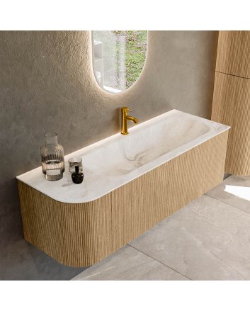 Mondiaz Kurve-Dlux 135cm badmeubel ronding Links kleur Oak met 1 lade en 1 deur. Wastafel Big medium Rechts 1 kraangat Frappe.