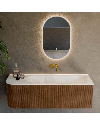 Mondiaz Kurve-Dlux 135cm badmeubel ronding Links kleur Walnut met 1 lade en 1 deur. Wastafel Big medium Rechts zonder kraangat Ostra.