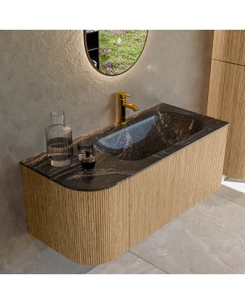 Mondiaz Kurve-Dlux 105cm badmeubel ronding Links kleur Oak met 1 lade en 1 deur. Wastafel Big small Rechts 1 kraangat Lava.