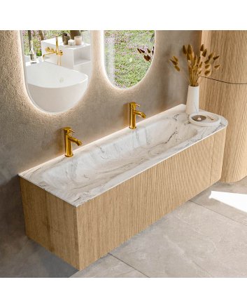 Mondiaz Kurve-Dlux 145cm badmeubel ronding Rechts kleur Oak met 1 lade en 1 deur. Wastafel Big large Links 2 kraangaten Glace.