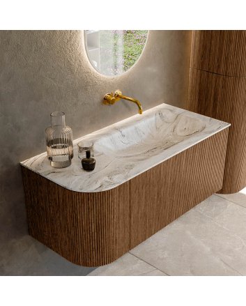 Mondiaz Kurve-Dlux 105cm badmeubel ronding Links kleur Walnut met 1 lade en 1 deur. Wastafel Big small Rechts zonder kraangat Glace.