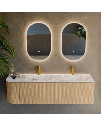 Mondiaz Kurve-Dlux 155cm badmeubel ronding Links kleur Oak met 2 lades en 1 deur. Wastafel Leaf Dubbel / Rechts 2 kraangaten Glace.