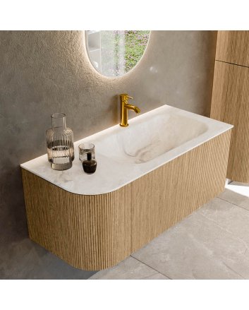 Mondiaz Kurve-Dlux 105cm badmeubel ronding Links kleur Oak met 1 lade en 1 deur. Wastafel Big small Rechts 1 kraangat Frappe.