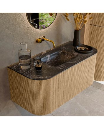 Mondiaz Kurve-Dlux 100cm badmeubel ronding Links + Rechts kleur Oak met 1 lade en 2 deuren. Wastafel Grunne Midden zonder kraangat Lava.