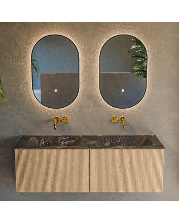 Mondiaz Kurve-Dlux 130cm badmeubel kleur Oak met 2 lades en 0 deuren. Wastafel Leaf Dubbel zonder kraangat Lava.
