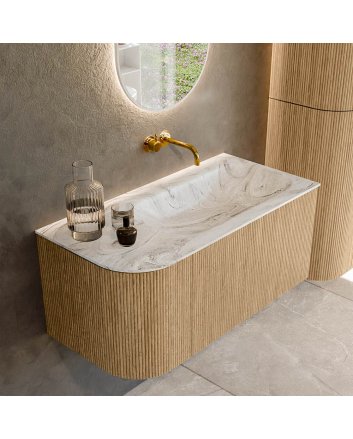 Mondiaz Kurve-Dlux 95cm badmeubel ronding Links kleur Oak met 1 lade en 1 deur. Wastafel Big small Rechts zonder kraangat Glace.