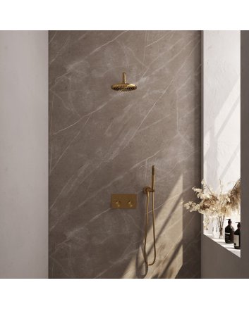 BRAUER Gold Carving thermostatische inbouw regendouche met drukknoppen SET 51 met 20 cm douchekop en gebogen muurarm en staaf handdouche en doucheslang en wandaansluitbocht goud geborsteld PVD