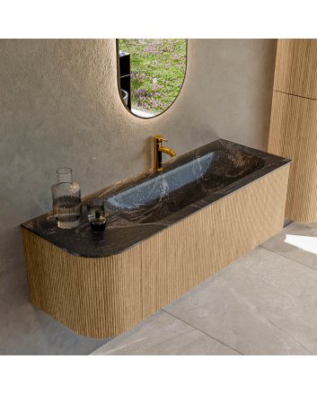 Mondiaz Kurve-Dlux 135cm badmeubel ronding Links kleur Oak met 1 lade en 1 deur. Wastafel Big medium Rechts 1 kraangat Lava.