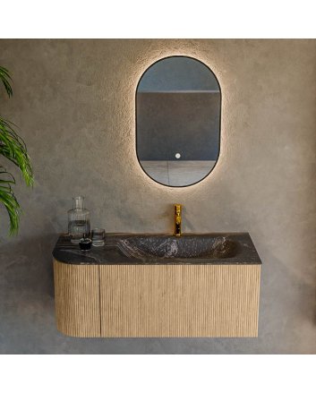 Mondiaz Kurve-Dlux 105cm badmeubel ronding Links kleur Oak met 1 lade en 1 deur. Wastafel Big small Rechts 1 kraangat Lava.