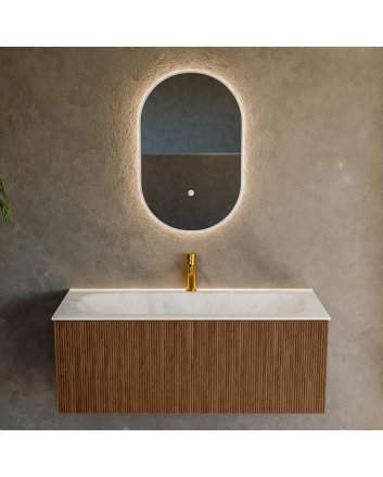Mondiaz Kurve-Dlux 110cm badmeubel kleur Walnut met 1 lade en 0 deuren. Wastafel Big medium Midden 1 kraangat Opalo.