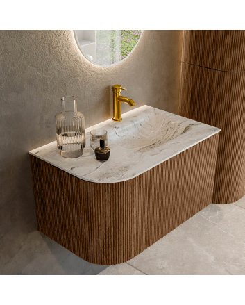 Mondiaz Kurve-Dlux 75cm badmeubel ronding Links kleur Walnut met 1 lade en 1 deur. Wastafel Grunne Rechts 1 kraangat Glace.