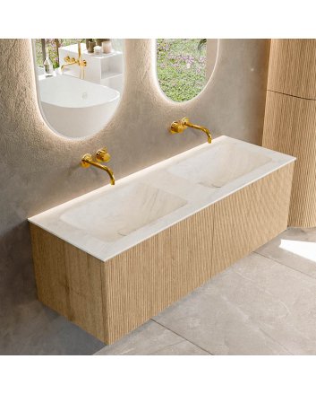 Mondiaz Kurve-Dlux 130cm badmeubel kleur Oak met 2 lades en 0 deuren. Wastafel Leaf Dubbel zonder kraangat Opalo.