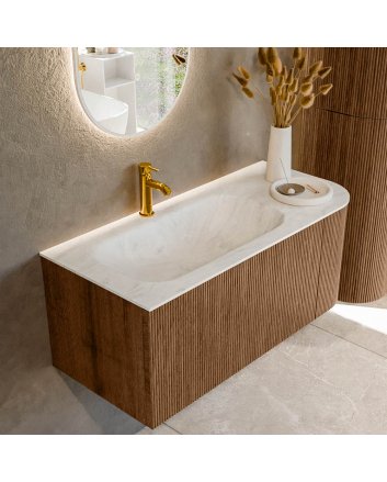 Mondiaz Kurve-Dlux 105cm badmeubel ronding Rechts kleur Walnut met 1 lade en 1 deur. Wastafel Big small Links 1 kraangat Opalo.