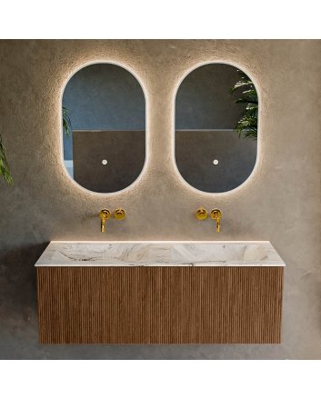 Mondiaz Kurve-Dlux 120cm badmeubel kleur Walnut met 1 lade en 0 deuren. Wastafel Leaf Dubbel zonder kraangat Glace.