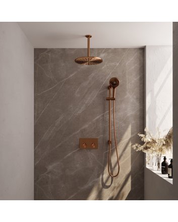 BRAUER Copper Edition thermostatische inbouw regendouche met drukknoppen SET 72 met 30 cm douchekop en plafondarm en 3-standen handdouche en doucheslang en geïntegreerde glijstang koper geborsteld PVD