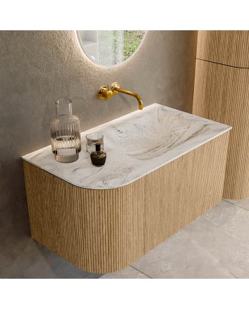 Mondiaz Kurve-Dlux 85cm badmeubel ronding Links kleur Oak met 1 lade en 1 deur. Wastafel Cloud Rechts zonder kraangat Glace.