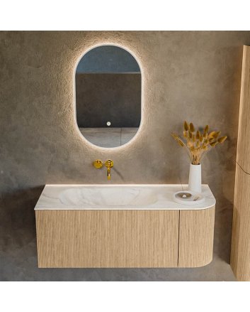 Mondiaz Kurve-Dlux 115cm badmeubel ronding Rechts kleur Oak met 1 lade en 1 deur. Wastafel Big small Links zonder kraangat Ostra.