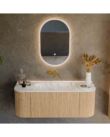 Mondiaz Kurve-Dlux 120cm badmeubel ronding Links + Rechts kleur Oak met 1 lade en 2 deuren. Wastafel Big small Midden zonder kraangat Glace.