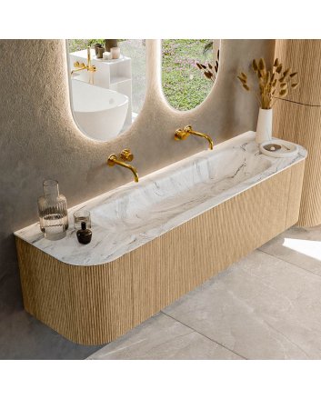Mondiaz Kurve-Dlux 170cm badmeubel ronding Links + Rechts kleur Oak met 1 lade en 2 deuren. Wastafel Big large Midden zonder kraangat Glace.
