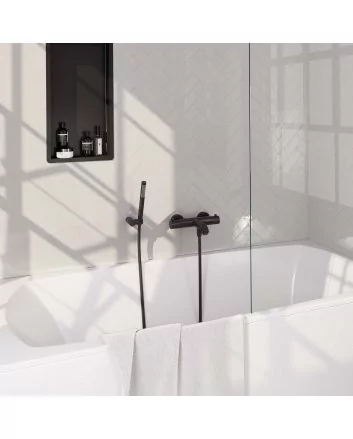 BRAUER Black Carving opbouw baddouche thermostaatkraan SET 03 met wandhouder en staaf handdouche en doucheslang mat zwart