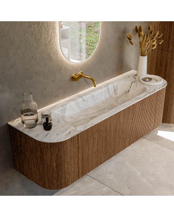 Mondiaz Kurve-Dlux 150cm badmeubel ronding Links + Rechts kleur Walnut met 1 lade en 2 deuren. Wastafel Big medium Midden zonder kraangat Glace.