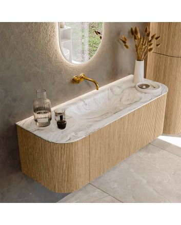 Mondiaz Kurve-Dlux 130cm badmeubel ronding Links + Rechts kleur Oak met 1 lade en 2 deuren. Wastafel Big small Midden zonder kraangat Glace.