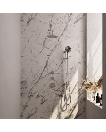 BRAUER Chrome Edition thermostatische inbouw regendouche SET 21 met 20 cm douchekop en gebogen muurarm en 3-standen handdouche en doucheslang en geïntegreerde glijstang chroom