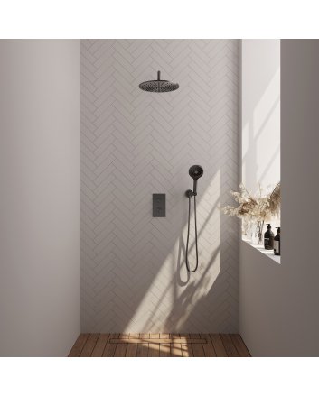 BRAUER Gunmetal Carving thermostatische inbouw regendouche 3-weg omstelling SET 34 met 30 cm douchekop en gebogen muurarm en 3-standen handdouche en doucheslang en wandaansluitbocht gunmetal geborsteld PVD