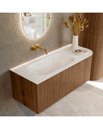Mondiaz Kurve-Dlux 115cm badmeubel ronding Rechts kleur Walnut met 1 lade en 1 deur. Wastafel Big small Links zonder kraangat Ostra.