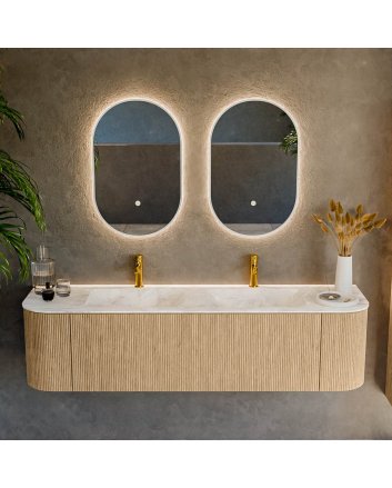 Mondiaz Kurve-Dlux 170cm badmeubel ronding Links + Rechts kleur Oak met 1 lade en 2 deuren. Wastafel Leaf Dubbel 2 kraangaten Frappe.