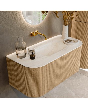 Mondiaz Kurve-Dlux 100cm badmeubel ronding Links + Rechts kleur Oak met 1 lade en 2 deuren. Wastafel Grunne Midden zonder kraangat Ostra.