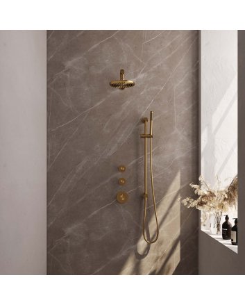 BRAUER Gold Edition thermostatische inbouw regendouche SET 13 met 20 cm douchekop en rechte muurarm en staaf handdouche en doucheslang en geïntegreerde glijstang goud geborsteld PVD