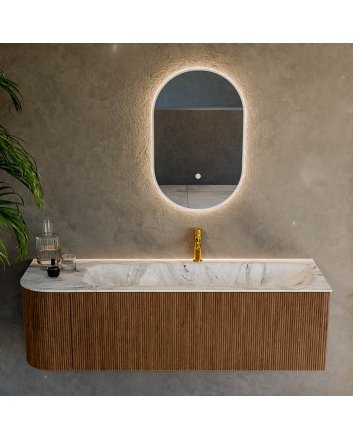 Mondiaz Kurve-Dlux 145cm badmeubel ronding Links kleur Walnut met 1 lade en 1 deur. Wastafel Big large Rechts 1 kraangat Glace.