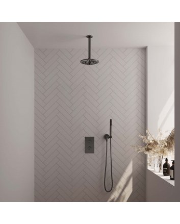 BRAUER Gunmetal Carving thermostatische inbouw regendouche 3-weg omstelling SET 29 met 20 cm douchekop en plafondarm en staaf handdouche en doucheslang en wandaansluitbocht gunmetal geborsteld PVD