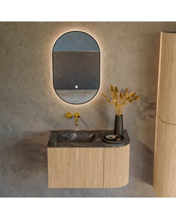 Mondiaz Kurve-Dlux 75cm badmeubel ronding Rechts kleur Oak met 1 lade en 1 deur. Wastafel Grunne Links zonder kraangat Lava.