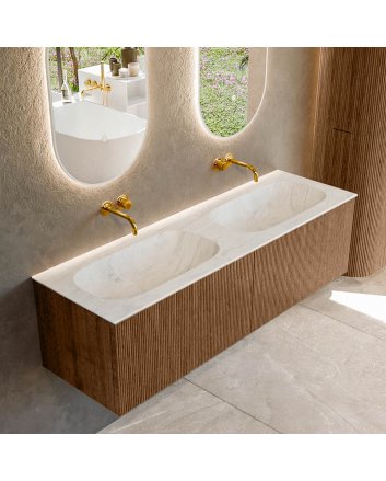 Mondiaz Kurve-Dlux 150cm badmeubel kleur Walnut met 2 lades en 0 deuren. Wastafel Stor small Dubbel zonder kraangat Opalo.