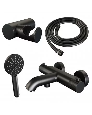 BRAUER Black Carving opbouw baddouche thermostaatkraan SET 04 met wandhouder en 3-standen handdouche en doucheslang mat zwart