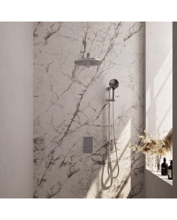 BRAUER Chrome Carving thermostatische inbouw regendouche 3-weg omstelling SET 44 met 30 cm douchekop en rechte muurarm en 3-standen handdouche en doucheslang en geïntegreerde glijstang chroom