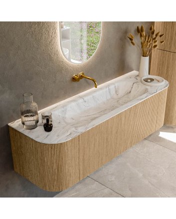 Mondiaz Kurve-Dlux 150cm badmeubel ronding Links + Rechts kleur Oak met 1 lade en 2 deuren. Wastafel Big medium Midden zonder kraangat Glace.