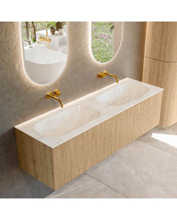 Mondiaz Kurve-Dlux 150cm badmeubel kleur Oak met 2 lades en 0 deuren. Wastafel Stor small Dubbel zonder kraangat Ostra.