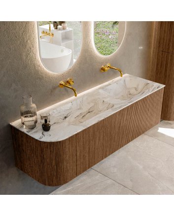 Mondiaz Kurve-Dlux 145cm badmeubel ronding Links kleur Walnut met 1 lade en 1 deur. Wastafel Leaf Dubbel / Rechts zonder kraangat Glace.